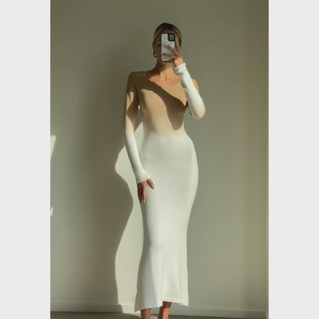 BRENA White Long Sleeve Bodycon Knit Midi Dress