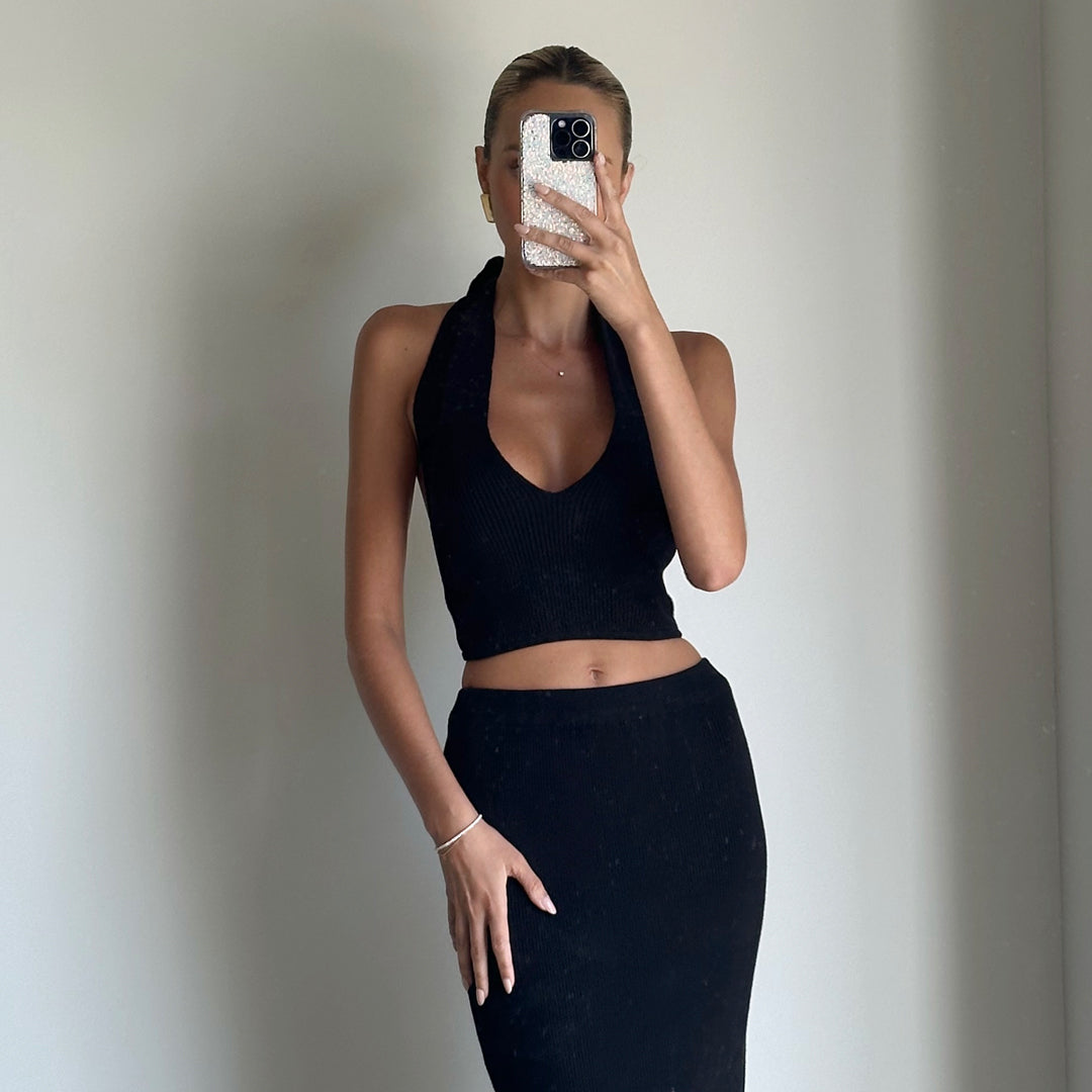 LIMA Black Halter V Neck Knit Crop Top Matea Designs