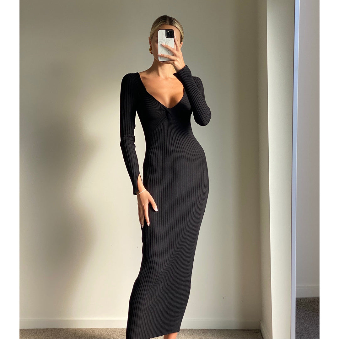 BELA Black Long Sleeve Knit Midi Dress Matea Designs