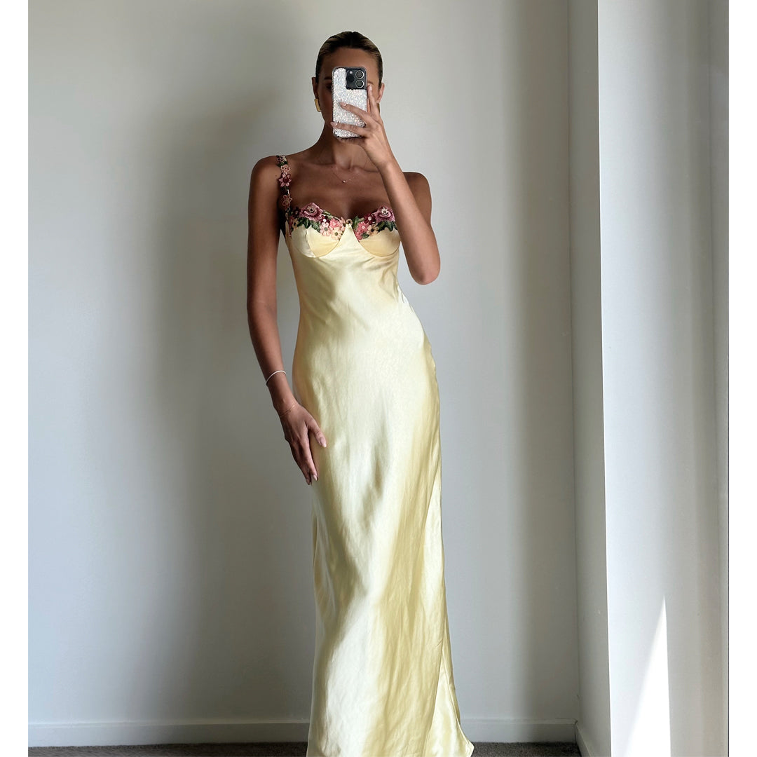 CRUZ Soft Yellow Strappy Bustier Maxi Dress Matea Designs