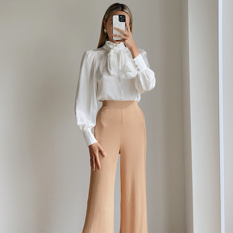 camel-High Waist Fitted Palazzo Pants