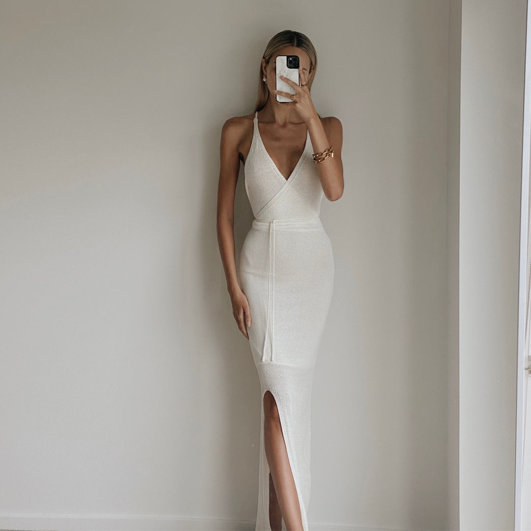 GALINA Ivory Knit Bodycon Backless Maxi Dress Matea Designs