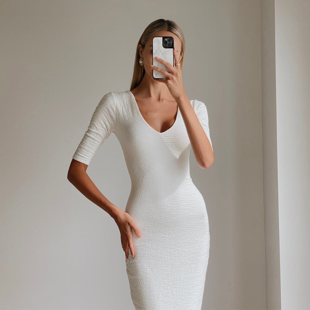 Elegant Fashion Button Decor Pencil White Bodycon Dress – Stylesplash